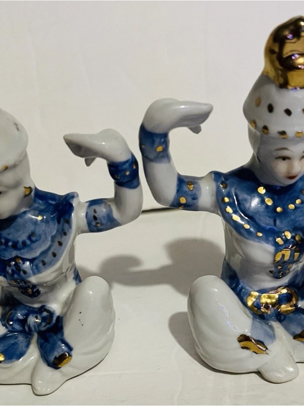 Pair of Vintage Porcelain Thai Temple Dancer Mini Figurines Blue Gold Accents